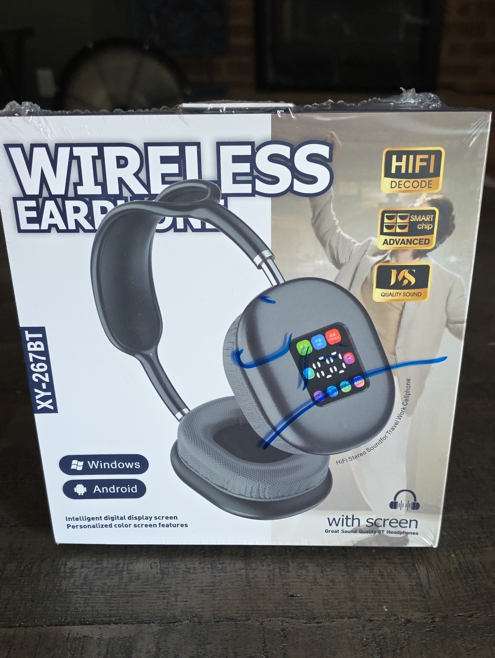 Wireless Over-Ear Headphones with Color Screen - Black